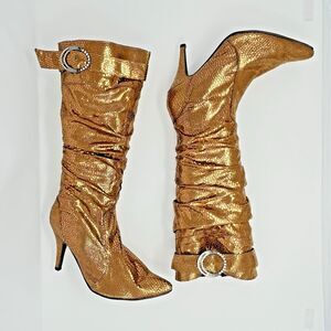 Spicy Gold Metallic Snakeskin Slouch Knee High Pointed Toe Heeled Boots 8.5